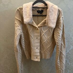 Cream Cable Knit Cardigan with Faux Fur Removable Collar